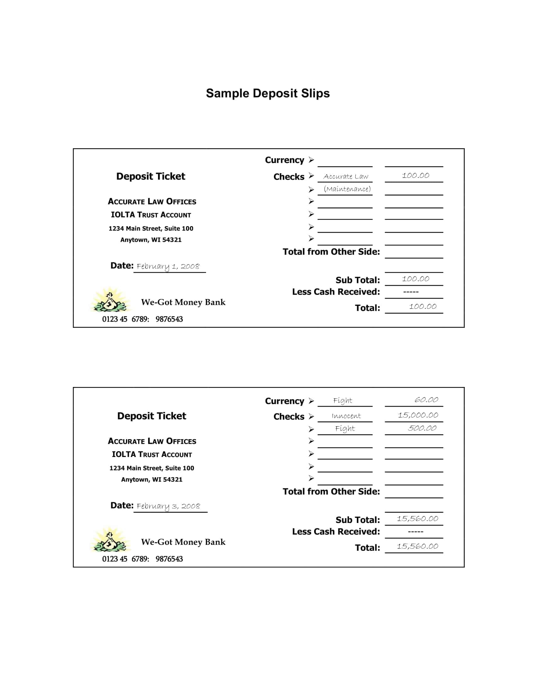 Free Printable Bank Deposit Slip Examples Filled Out PDF