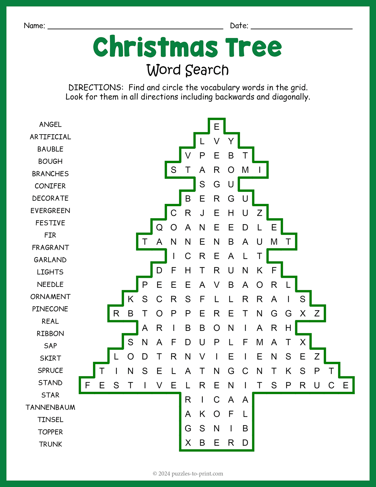 Free Printable Christmas Tree Word Search
