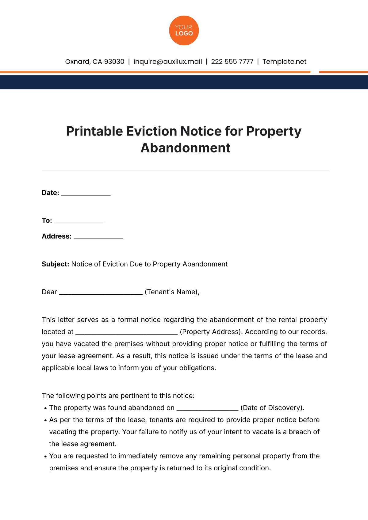 Free Printable Eviction Notice For Property Abandonment Template To Edit Online