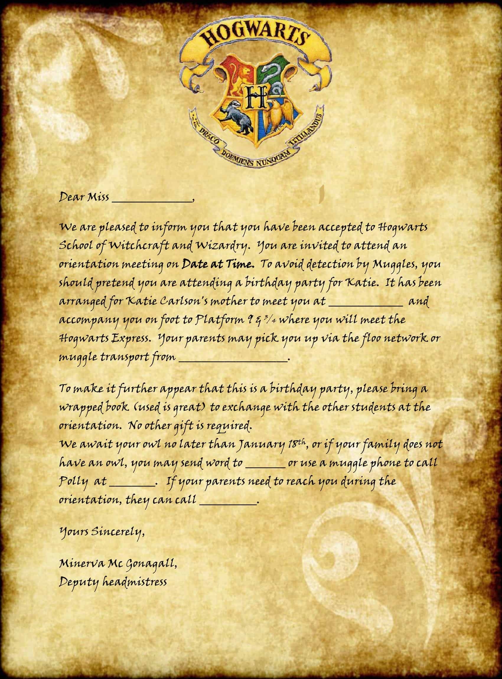 Free Printable Harry Potter Hogwarts Acceptance Letter Templates PDF Word