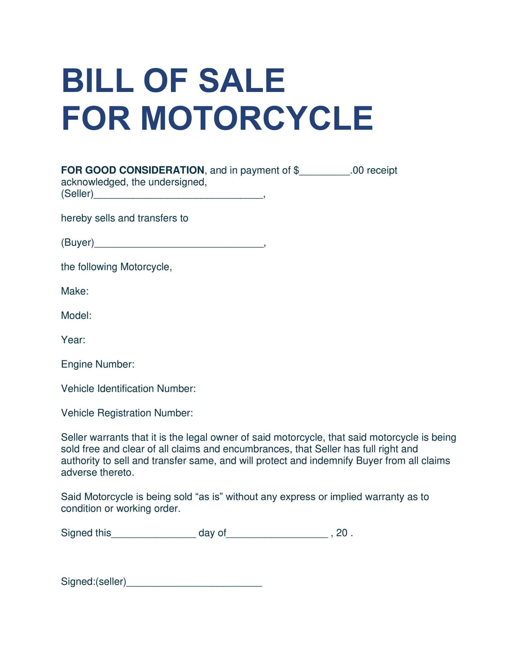 Free Printable Motorcycle Bill Of Sale Templates PDF Word 
