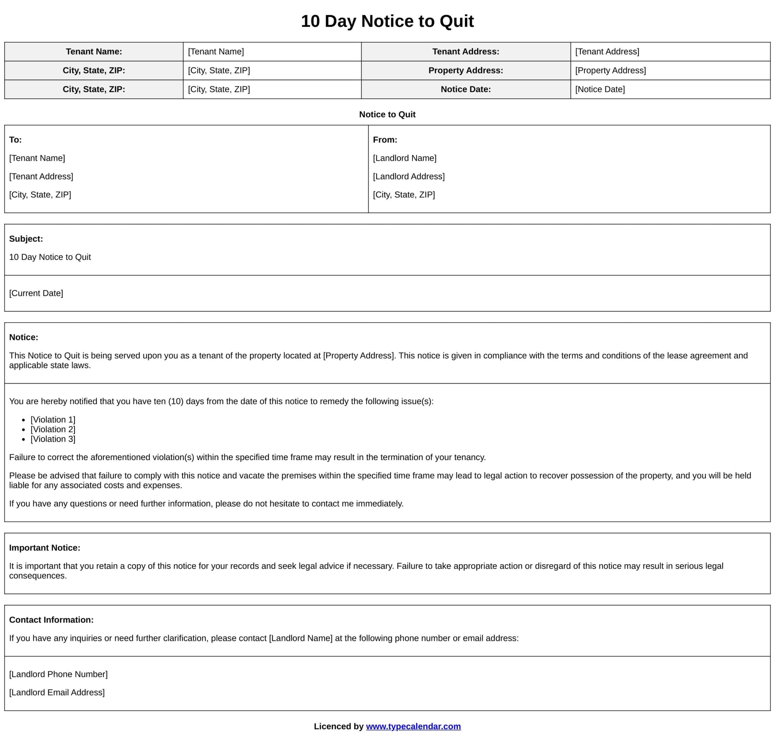 Free Printable Notice To Quit Templates PDF Word 14 Day Landlord