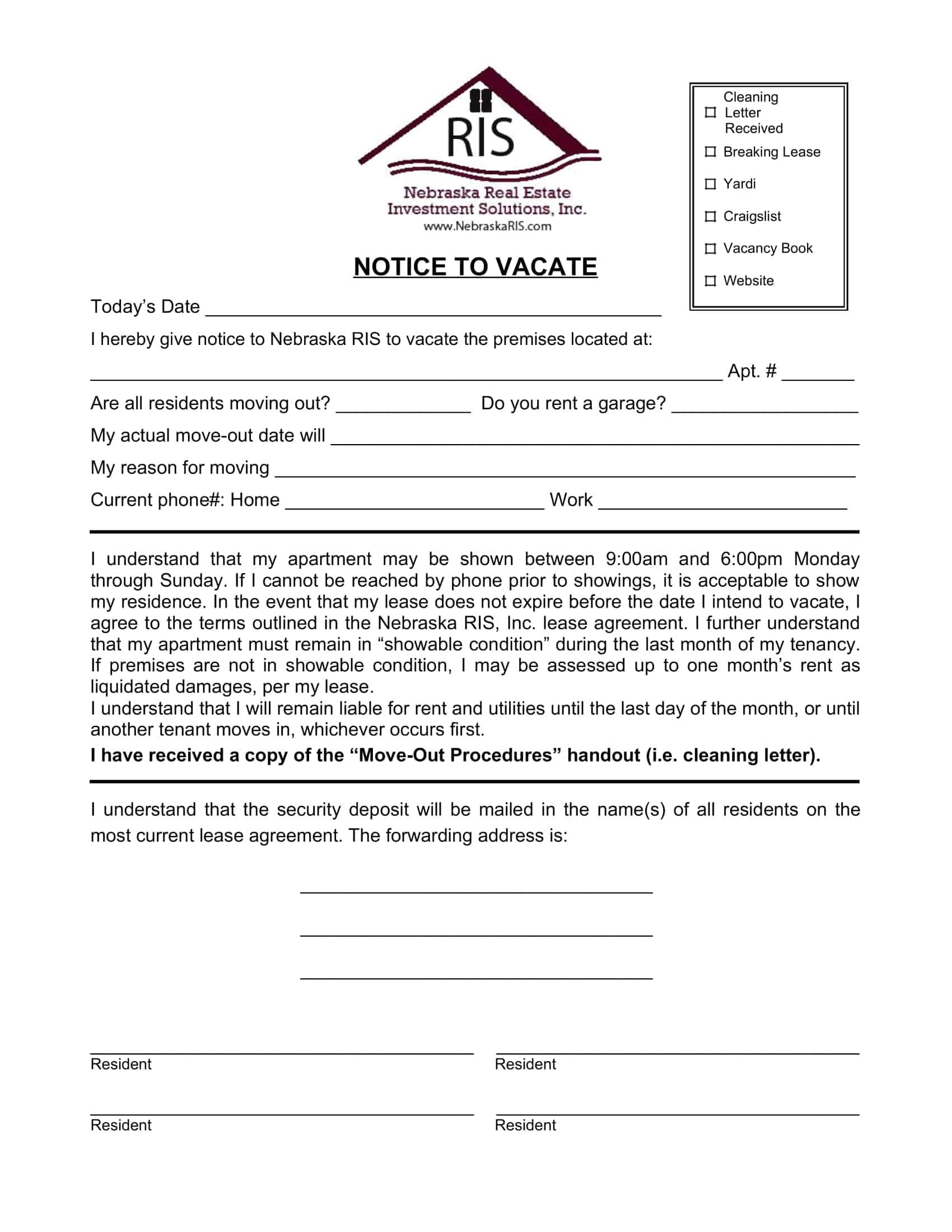 Free Printable Notice To Vacate Letter Templates PDF 30 60 Day Notice 