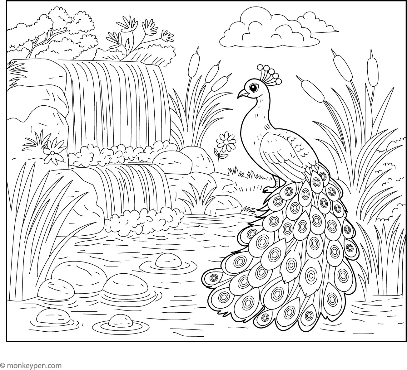 Free Printable Peacock And Waterfall Coloring Sheet