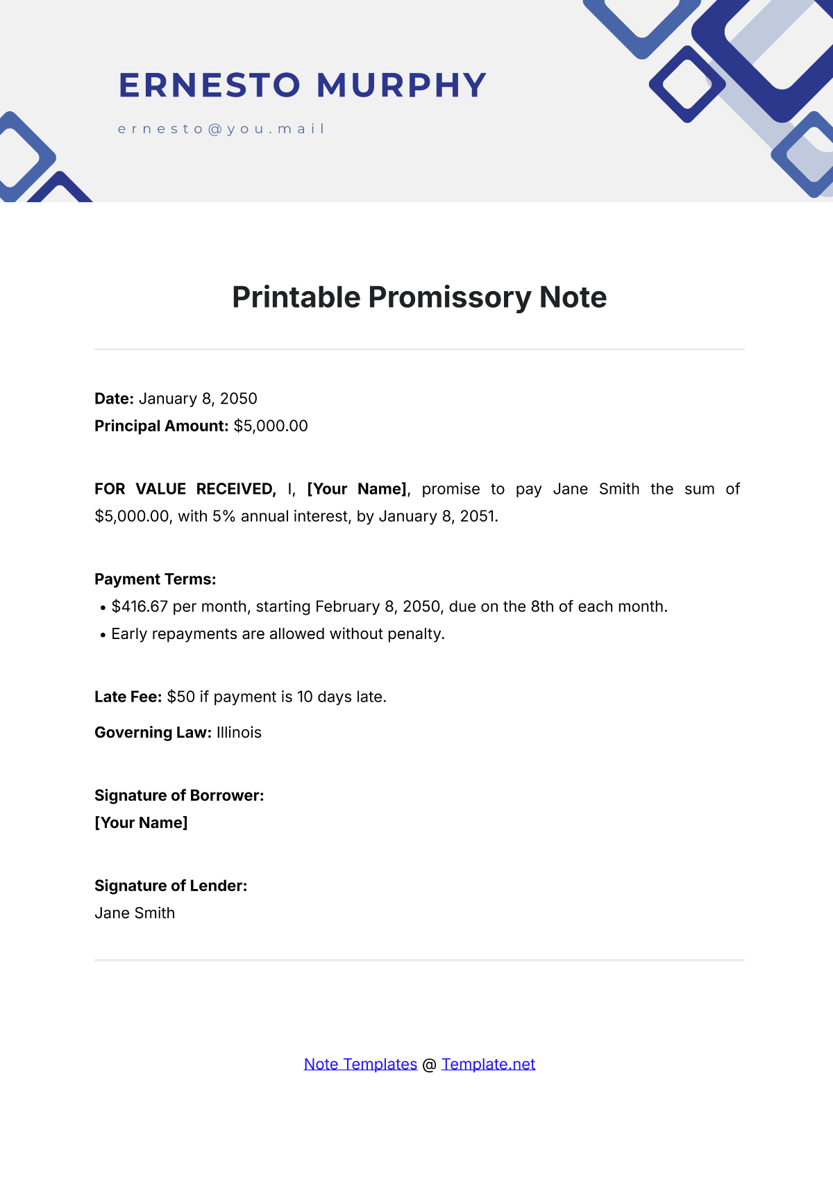 Free Printable Promissory Note Template To Edit Online