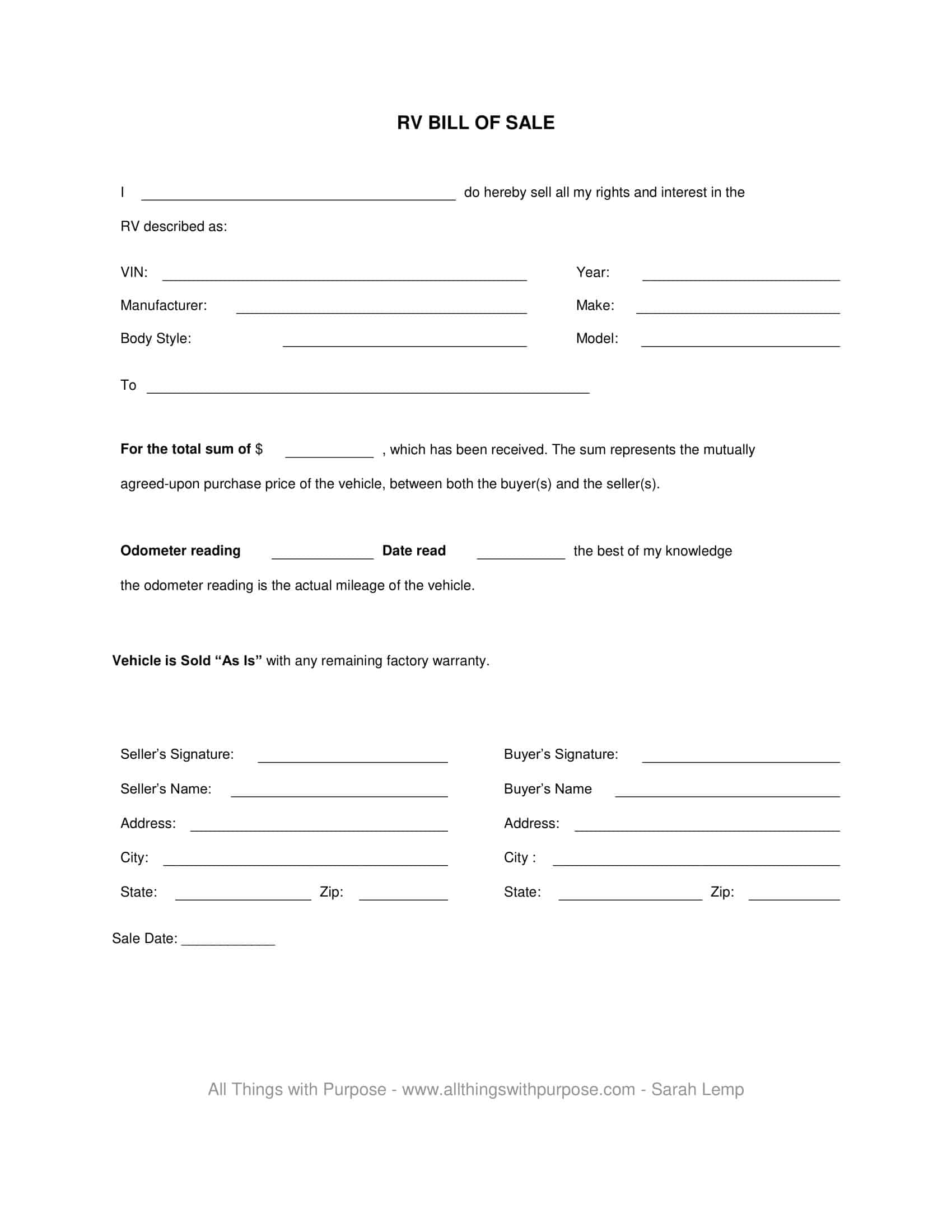 Free Printable RV Bill Of Sale Templates PDF Word Example
