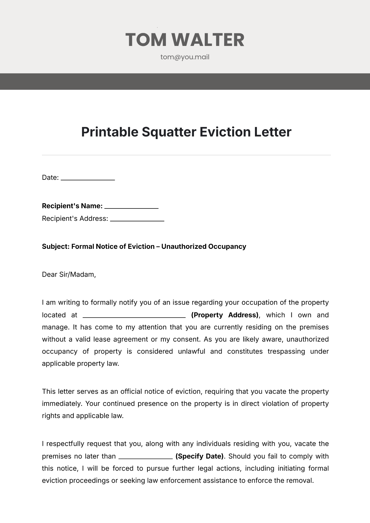 Free Printable Squatter Eviction Letter Template To Edit Online