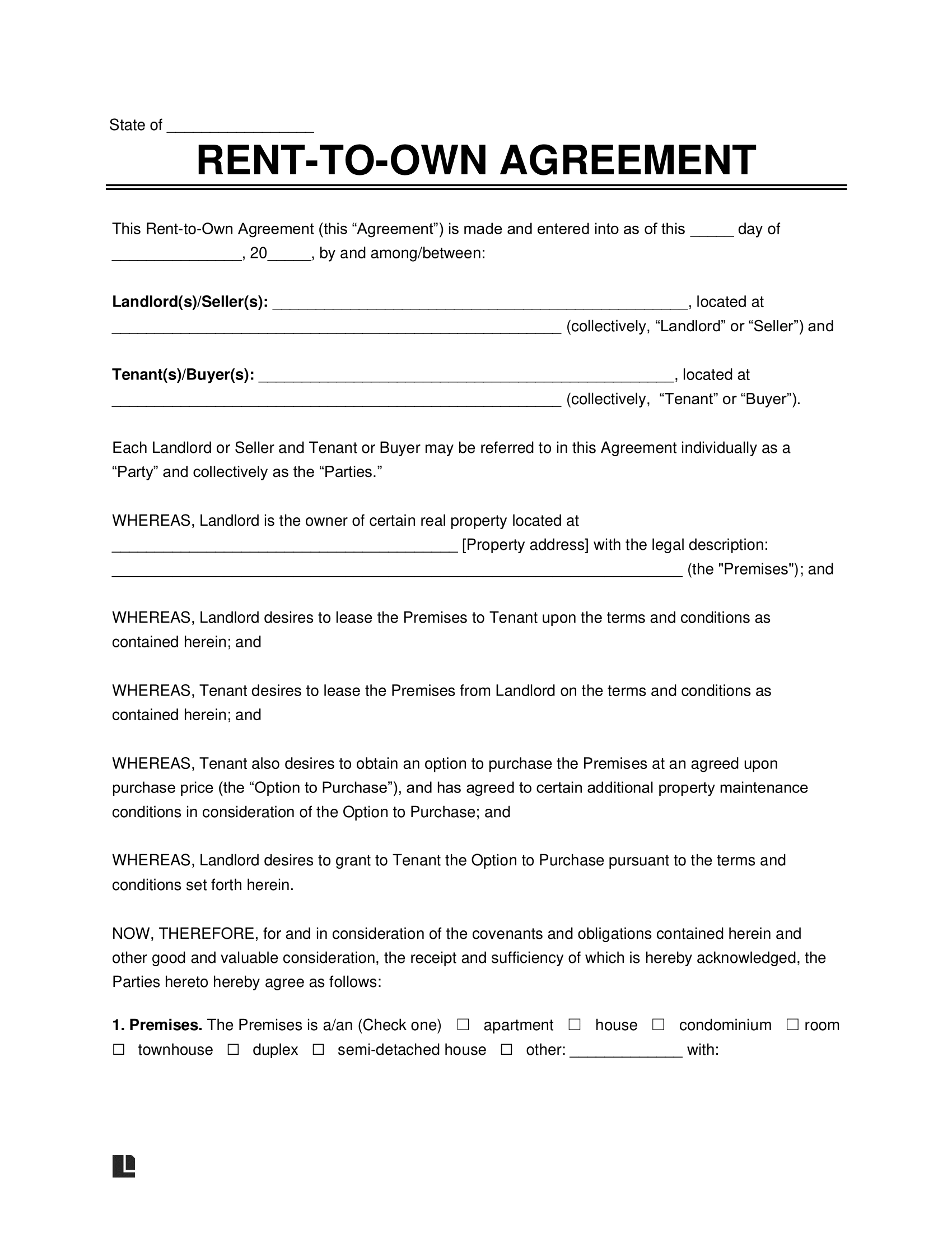 Free Rent to Own Contract Template All States PDF Word