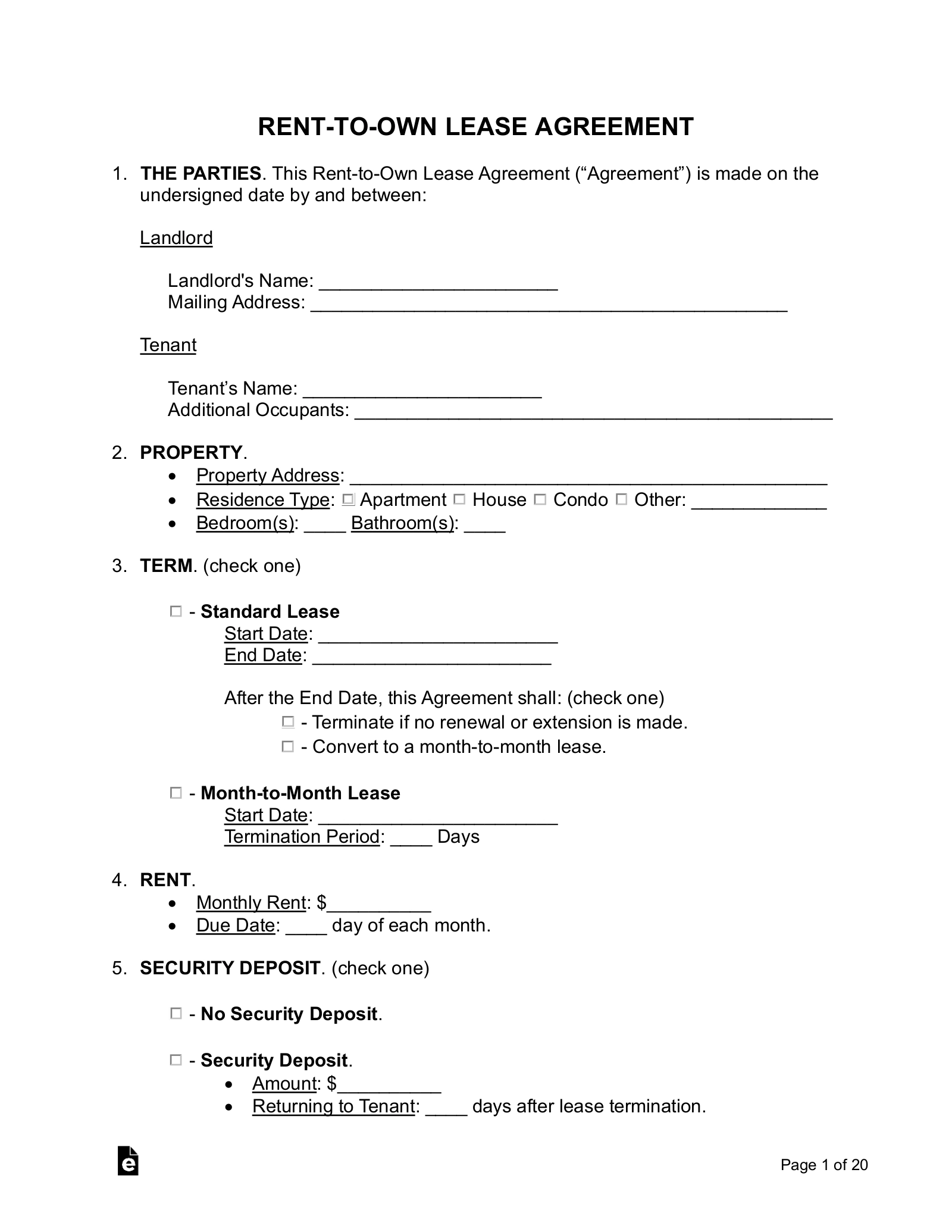 Free Rent to Own Lease Agreement PDF Word EForms