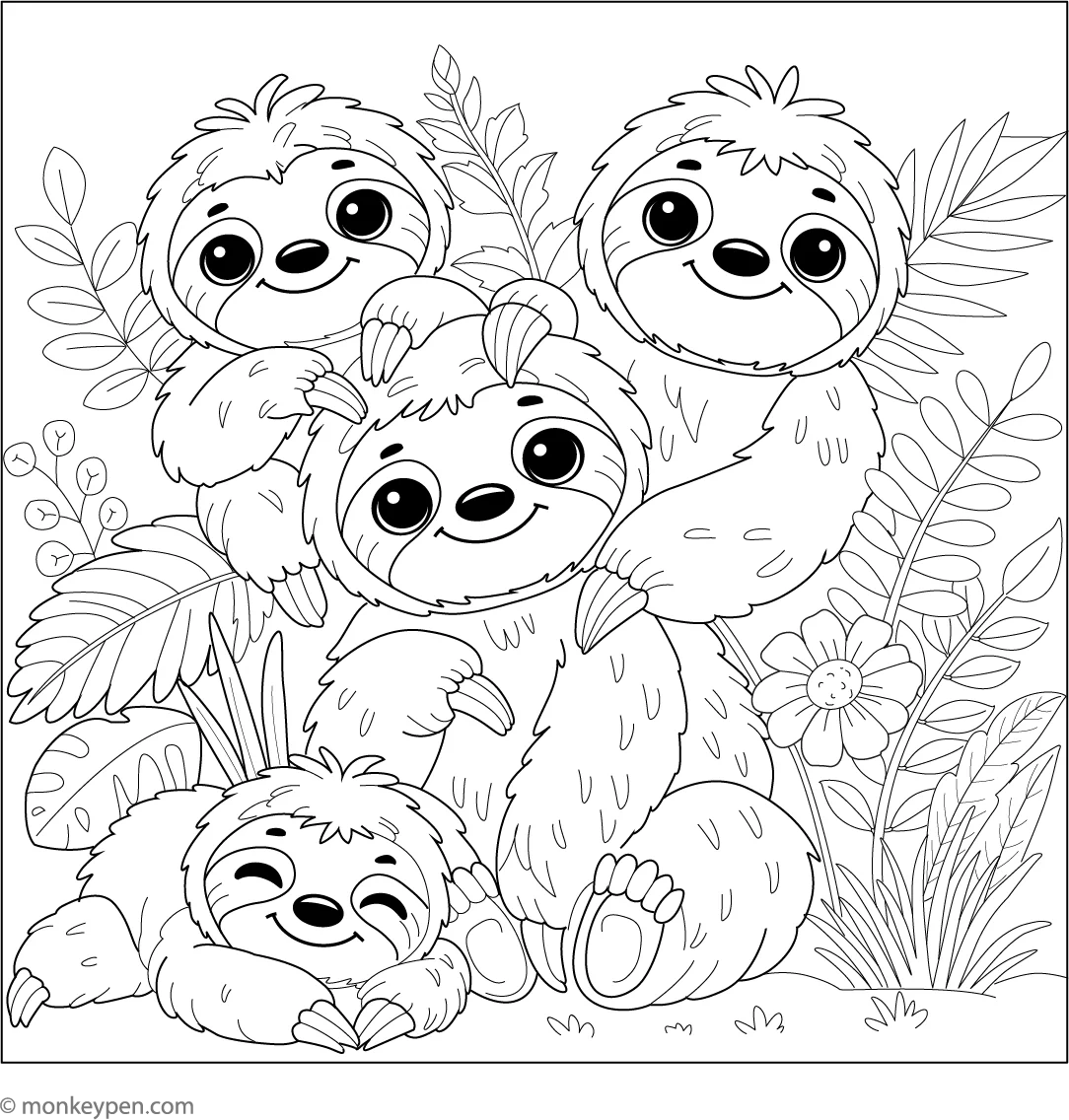 Free Sloth With Friends Coloring Page Printable For Kids