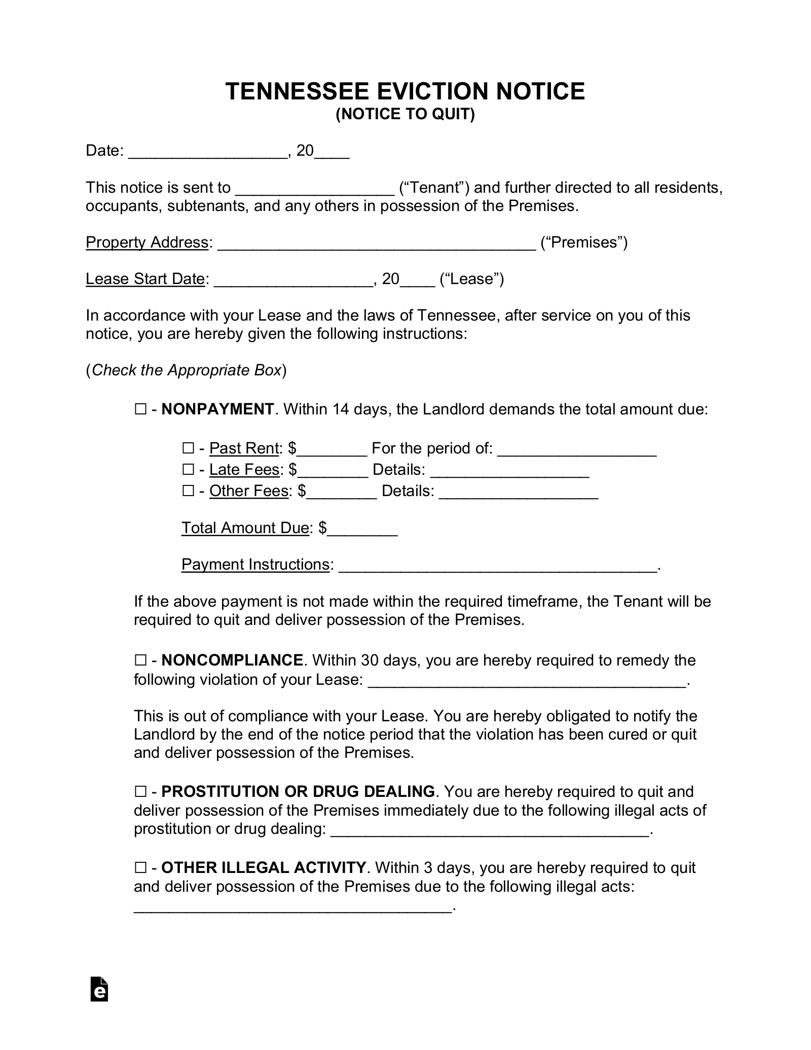 Free Tennessee Eviction Notice Forms 5 PDF Word EForms
