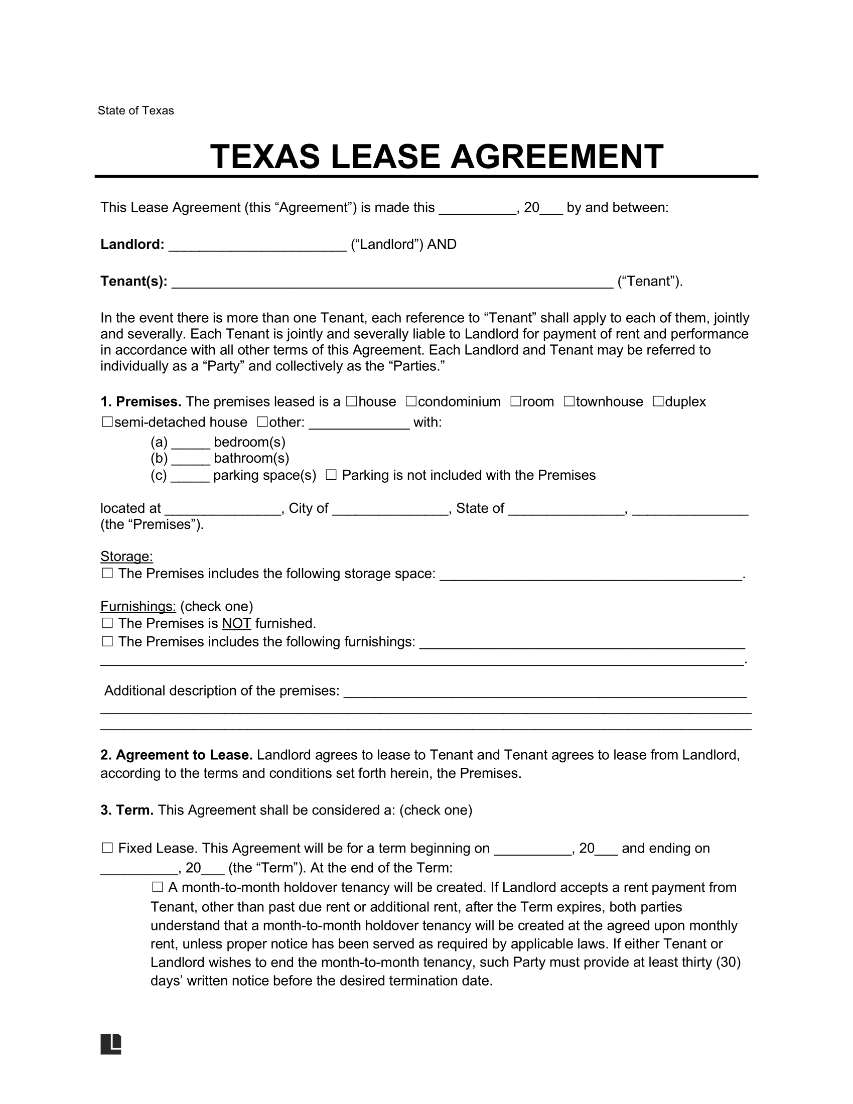 Free Texas Lease Agreement Templates PDF Word