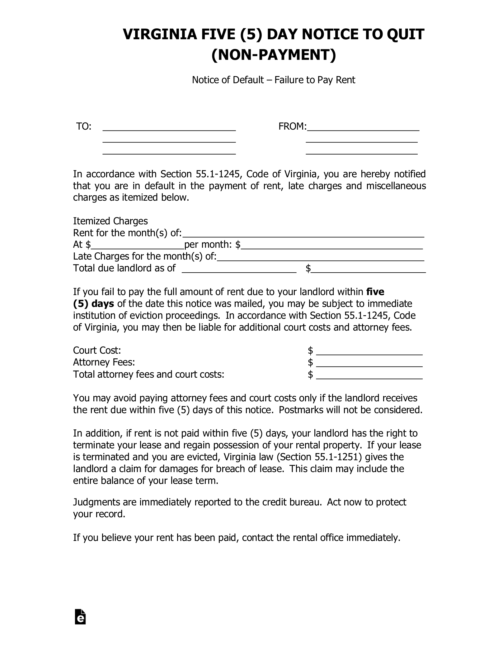 Free Virginia 5 Day Notice To Quit Form Non Payment Of Rent PDF Word EForms Free Virginia 5 Day Notice To Quit Form Non Payment Of Rent PDF Word EForms
