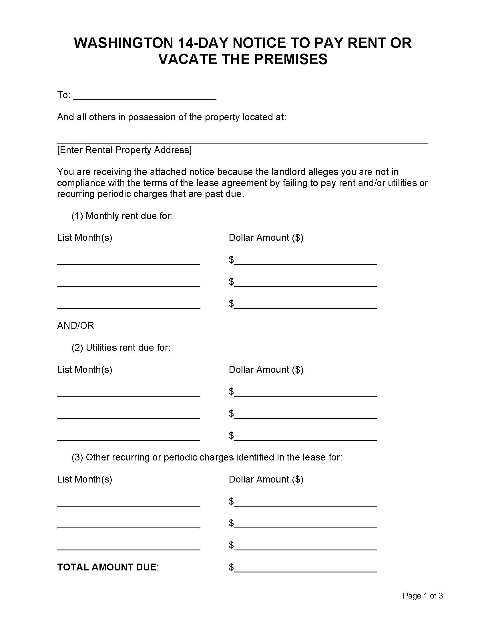 Free Washington 14 Day Notice To Pay Or Vacate PDF