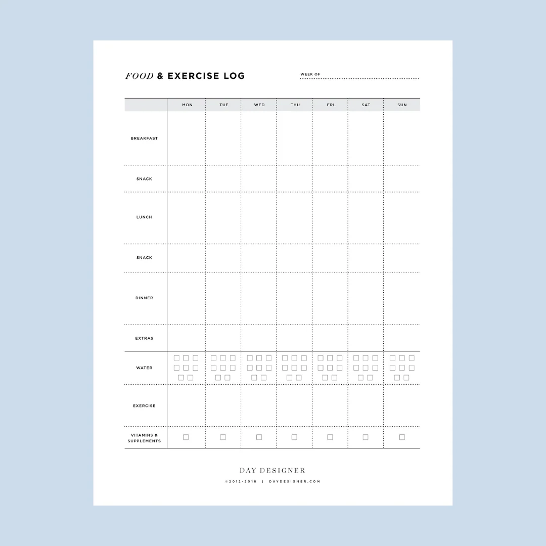 Free Weekly Food And Exercise Log Printable Day Designer