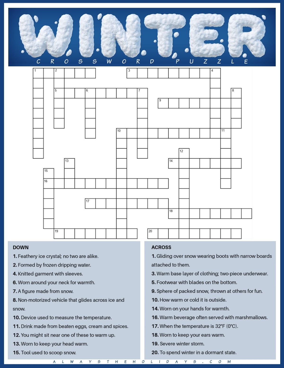 Free Winter Crossword Puzzle Printable With Answers PDF JPG 