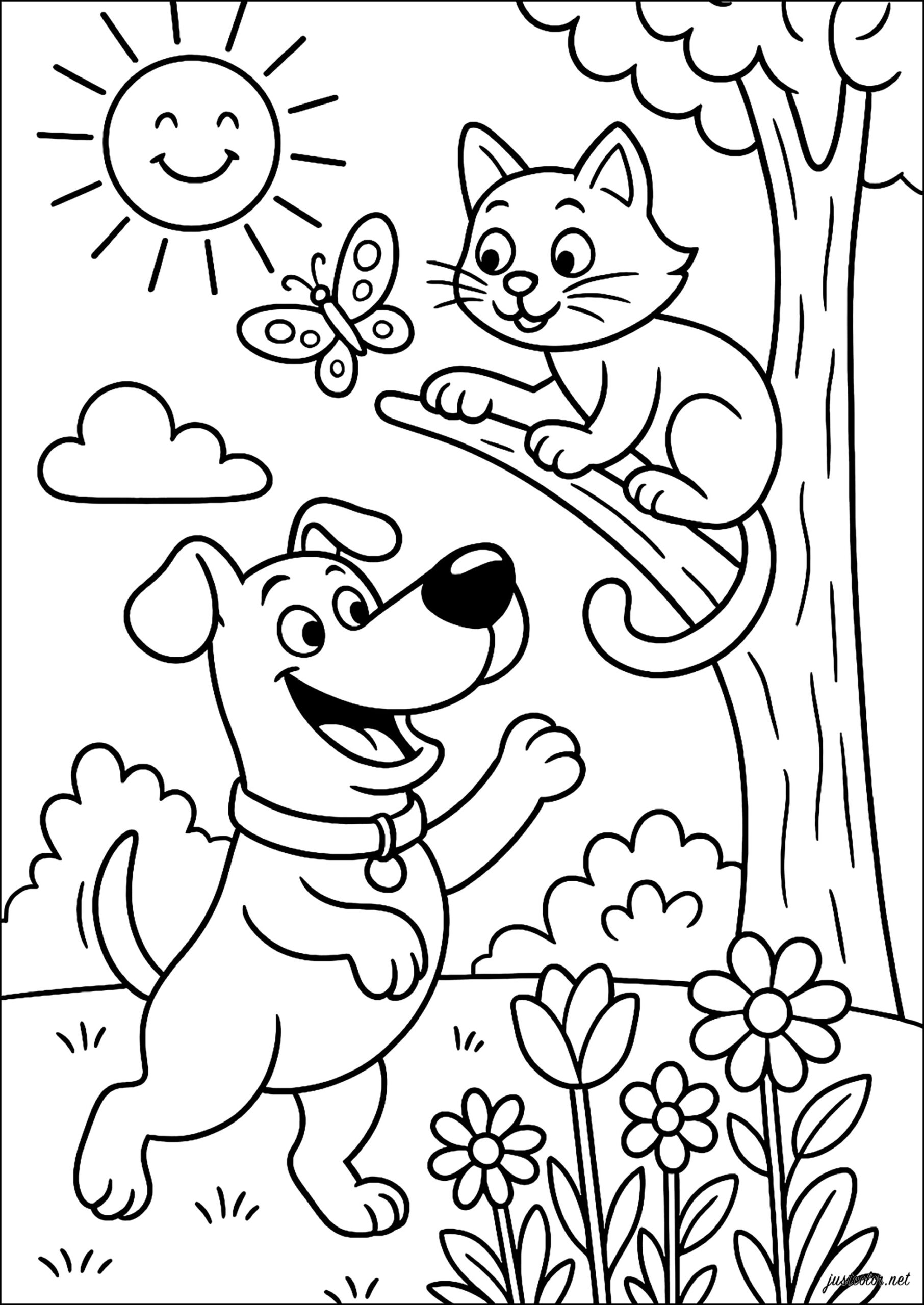 Friendship Between A Happy Dog And A Cat On A Branch Dog Coloring Pages