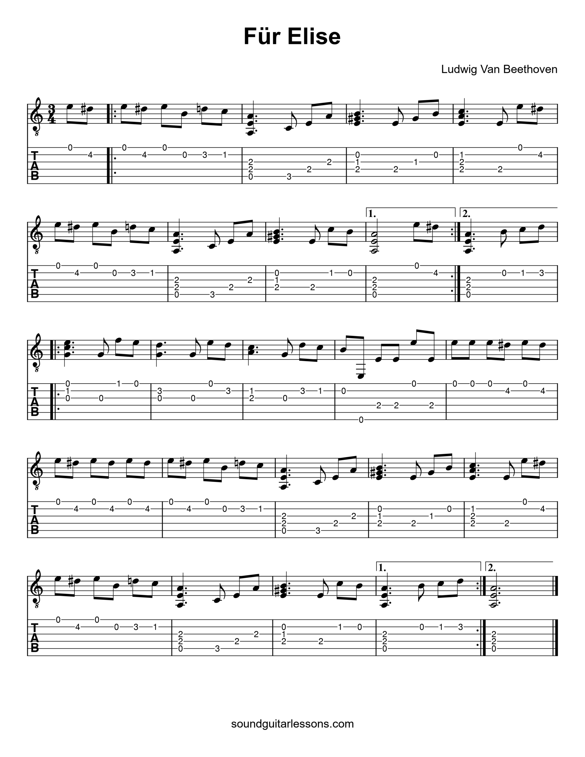 Fur Elise Guitar Tab EASY Free Sheet Music Full Tutorial