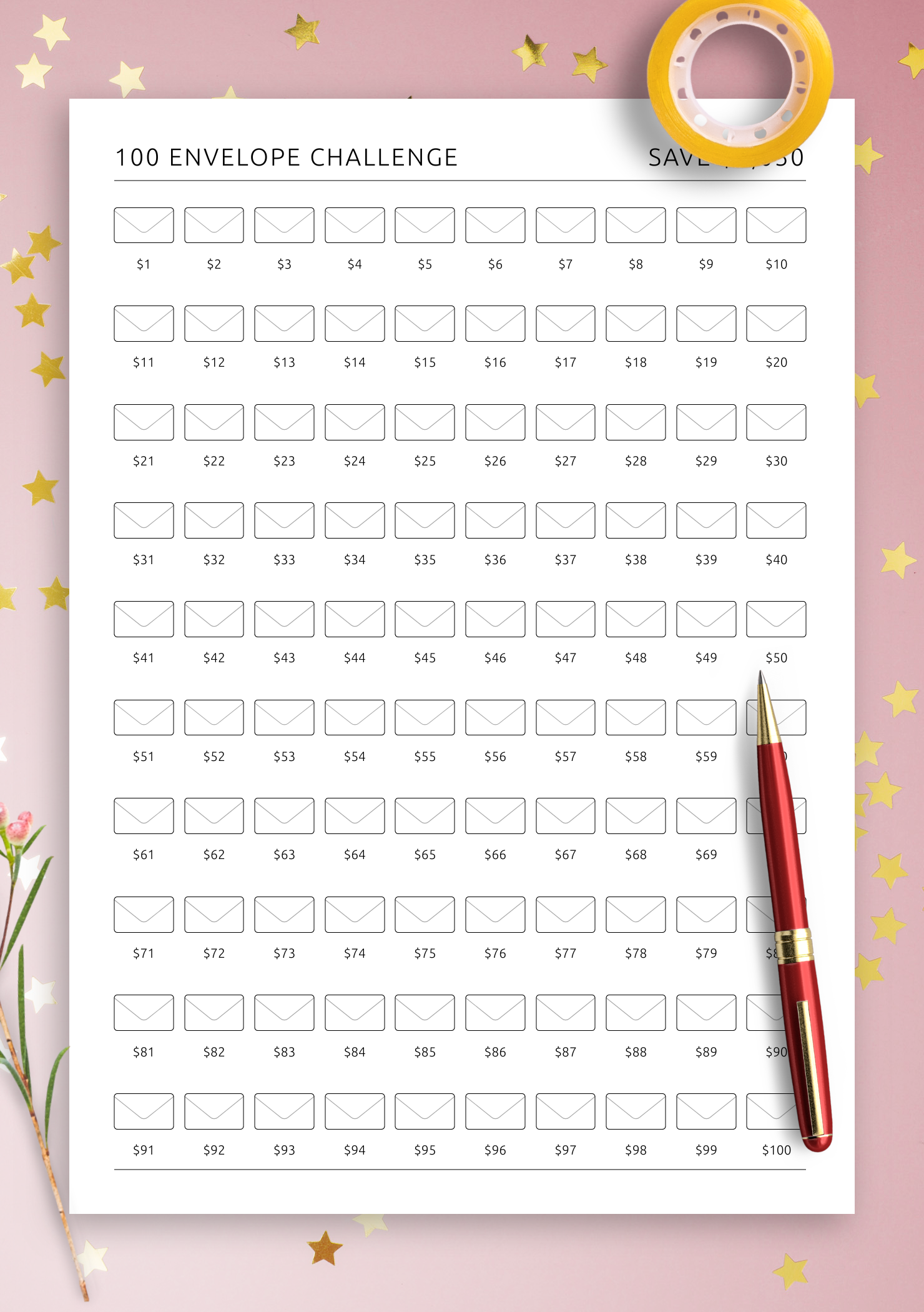 Get 100 Envelope Challenge Template Printable Or Digital PDF For ReMarkable Kindle Boox