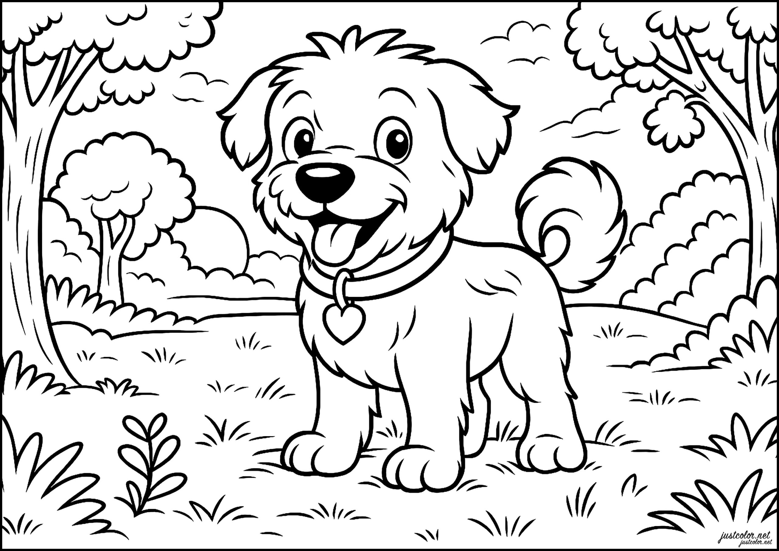 Happy Dog In A Quiet Park Dog Coloring Pages