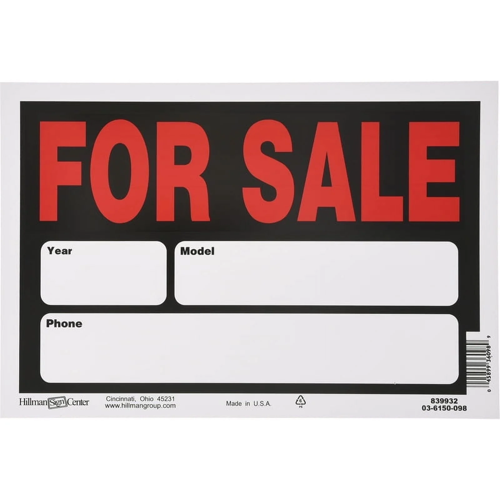 Hillman Group 839932 8 X 12 In Black Styrene Automobile For Sale Year Model Make Sign 6 Piece Walmart Business Supplies
