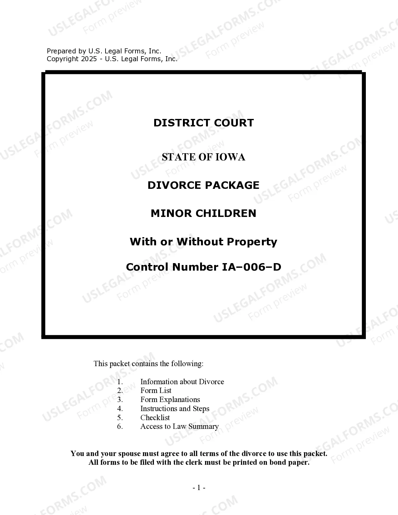 Iowa No Fault Agreed Uncontested Divorce Package For Dissolution Of Marriage For People With Minor Children US Legal Forms