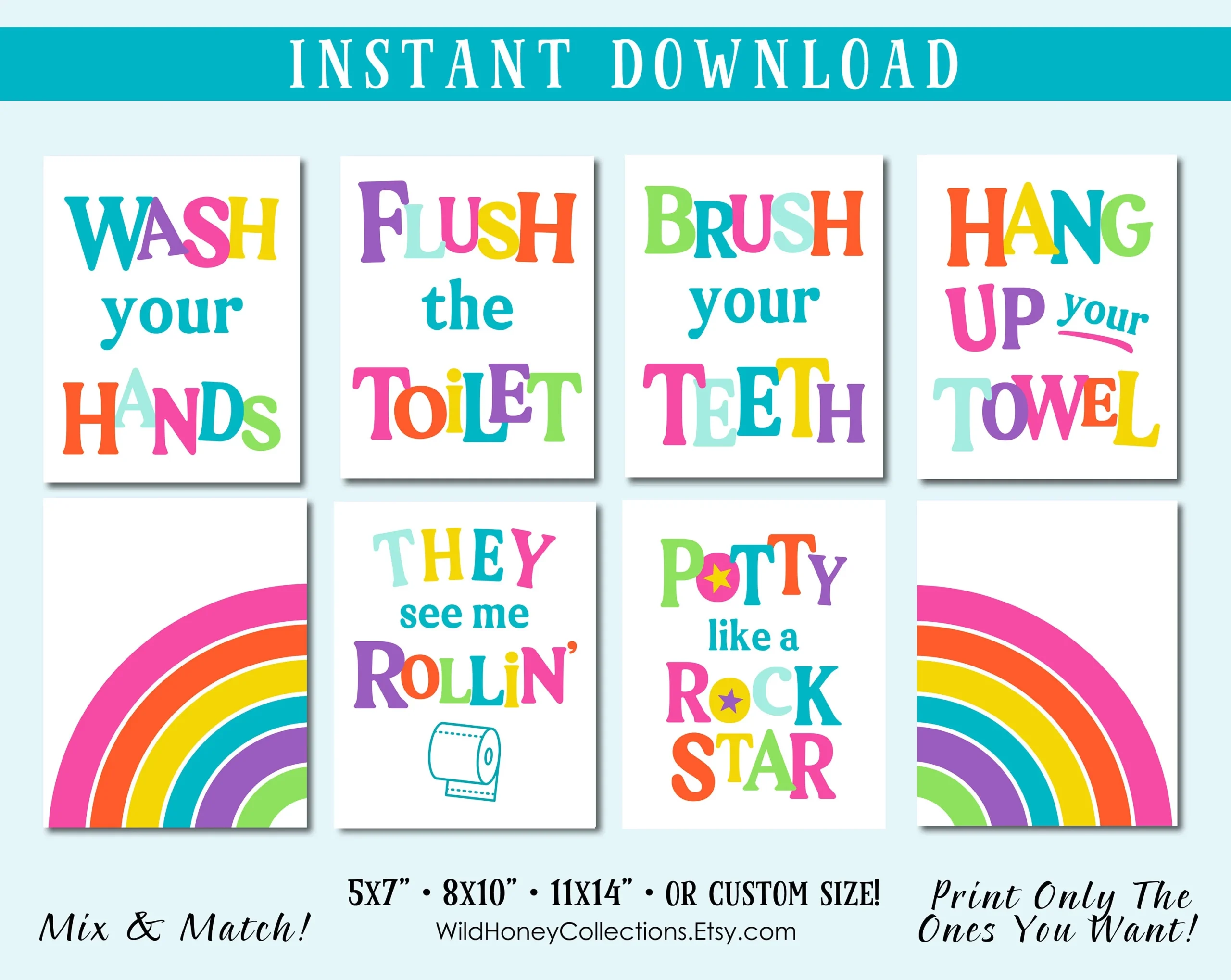 Kids Rainbow Bathroom Decor Printable Wall Art Bright Colors Set Of 8 Funny Bathroom Signs INSTANT DIGITAL DOWNLOAD Etsy