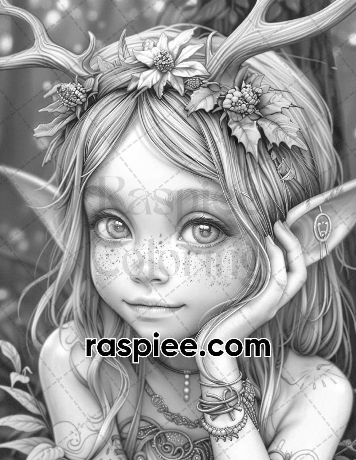 Magical Fairy Antler Coloring Pages Adult Grayscale Fantasy Art 8 5x11 300 DPI PDF RASPIEE