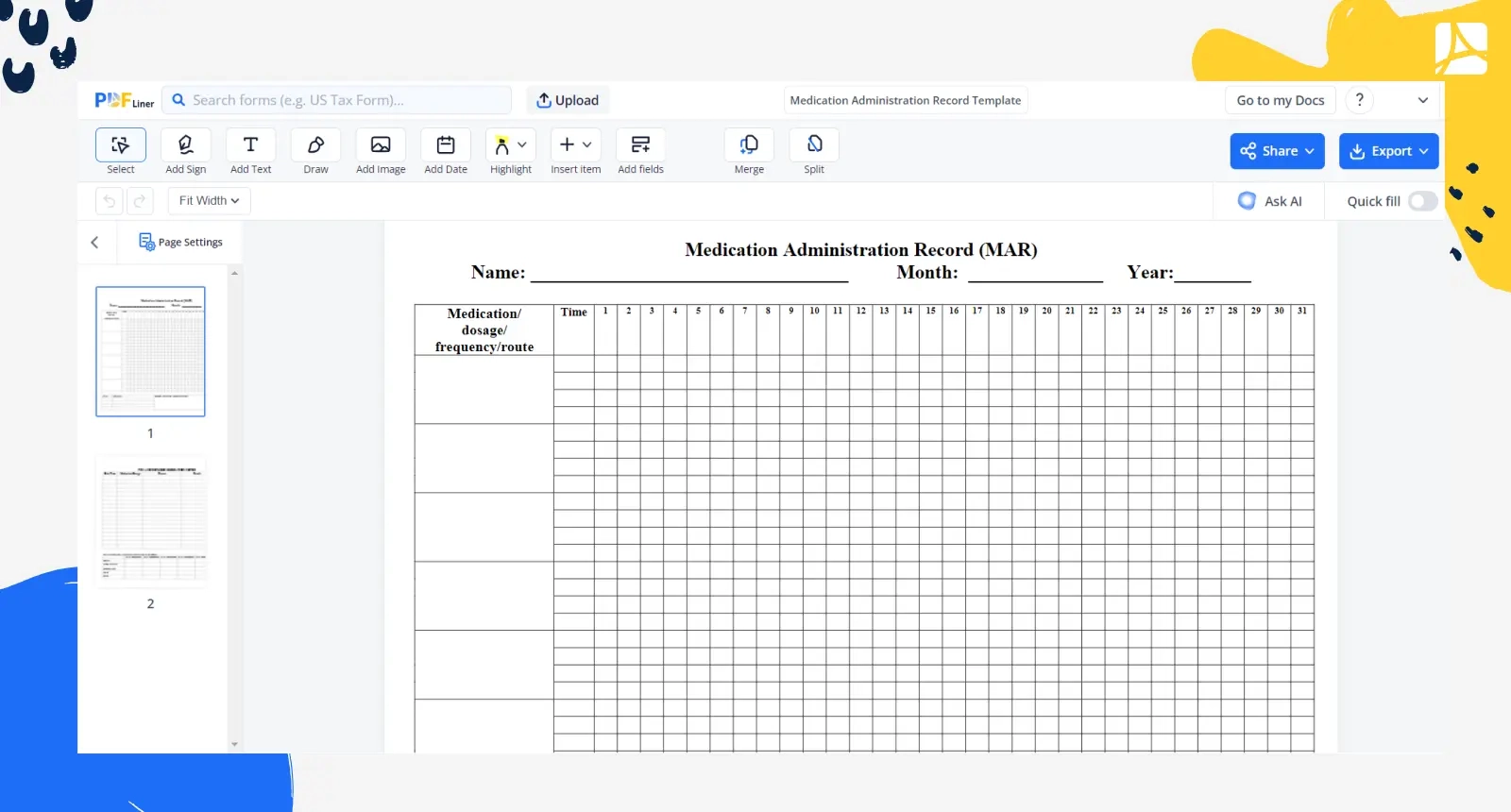 Medication Administration Record Template PDFliner