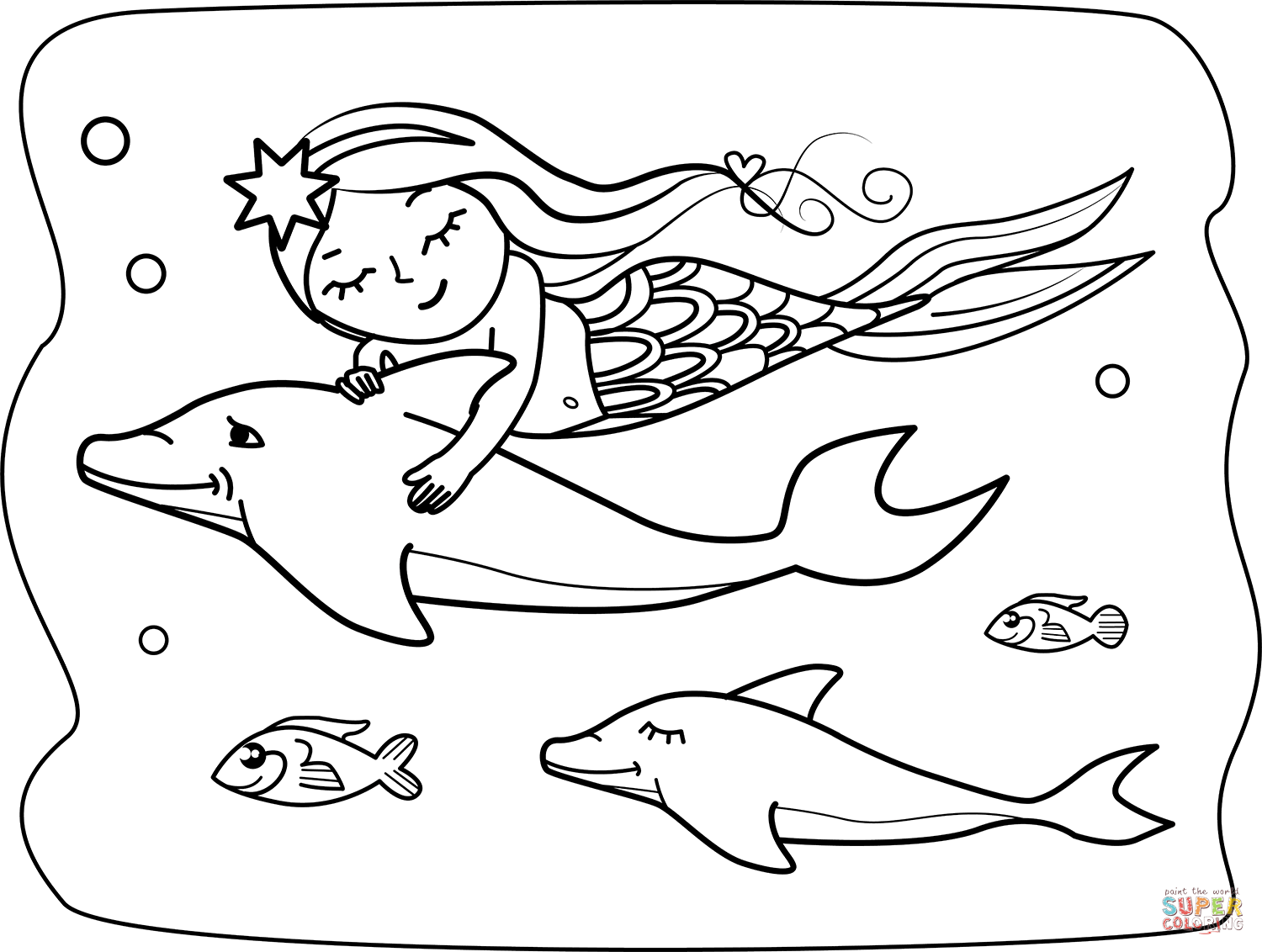 Mermaid With Dolphin Coloring Page Free Printable