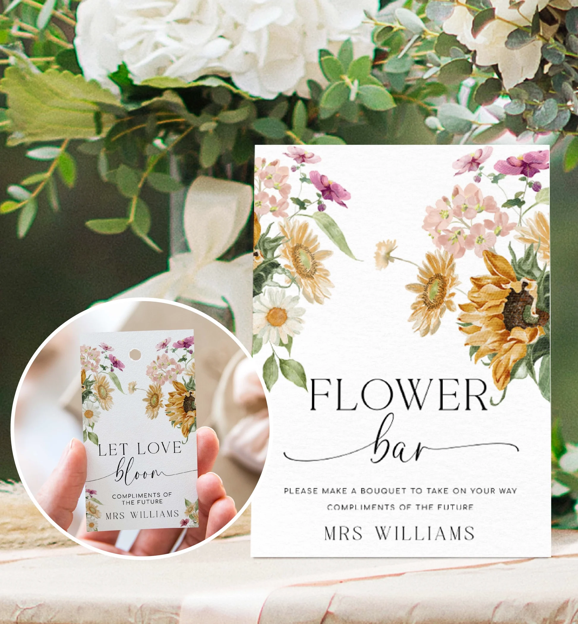 Mews Floral White Printable Flower Bar Sign Black Bow Studio