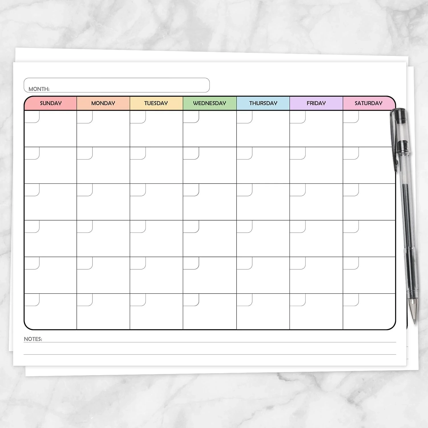 Modern Blank Monthly Calendar Rainbow 6 Row Full Page PDF Printable Planning