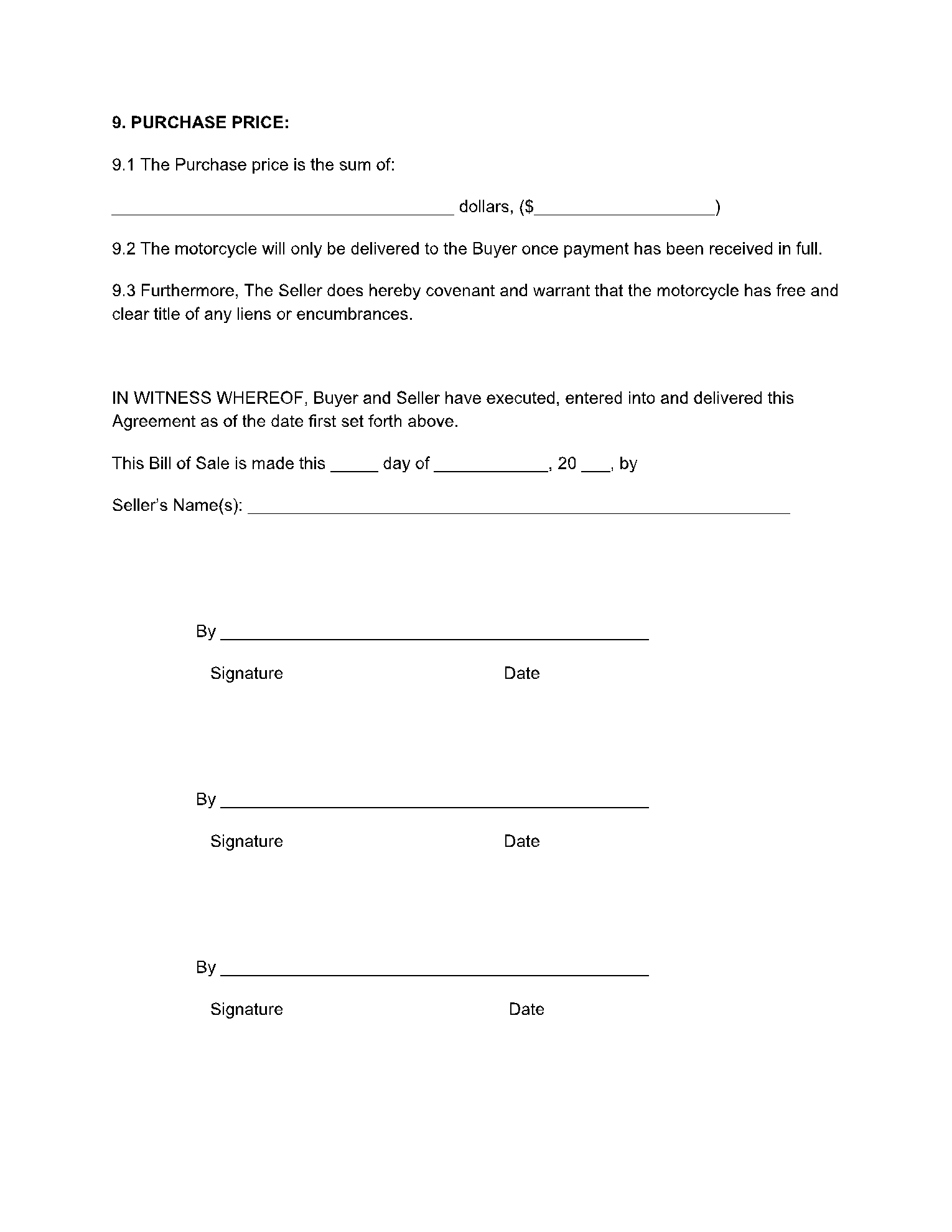 Motorcycle Bill Of Sale Template Free Download CocoSign