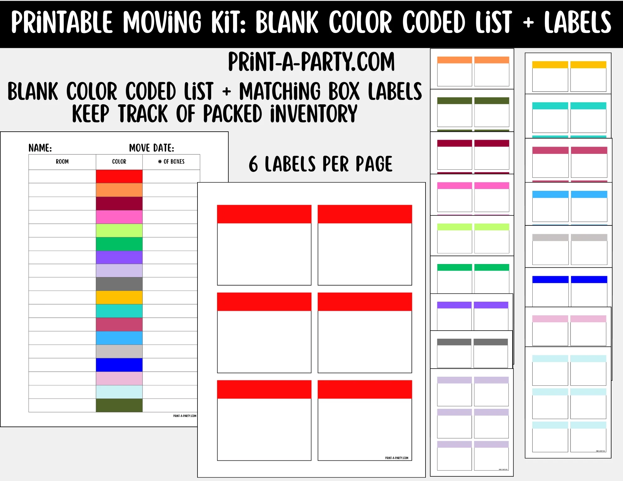 Moving Organization Printable Blank Color Coded Moving Box Labels Kit PrintAParty
