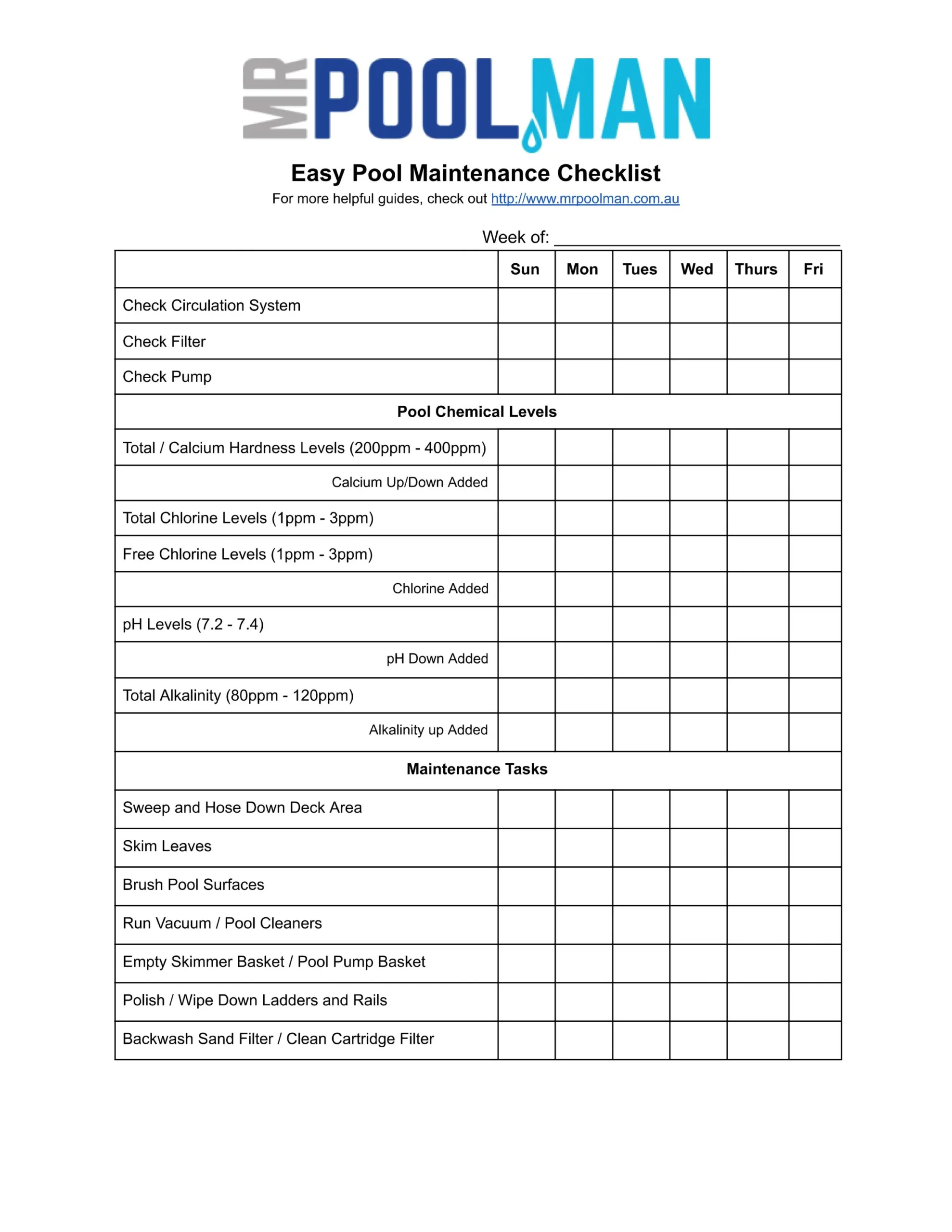 Mr Pool Man s Printable Pool Maintenance Checklist Mr Pool Man s Printable Pool Maintenance Checklist