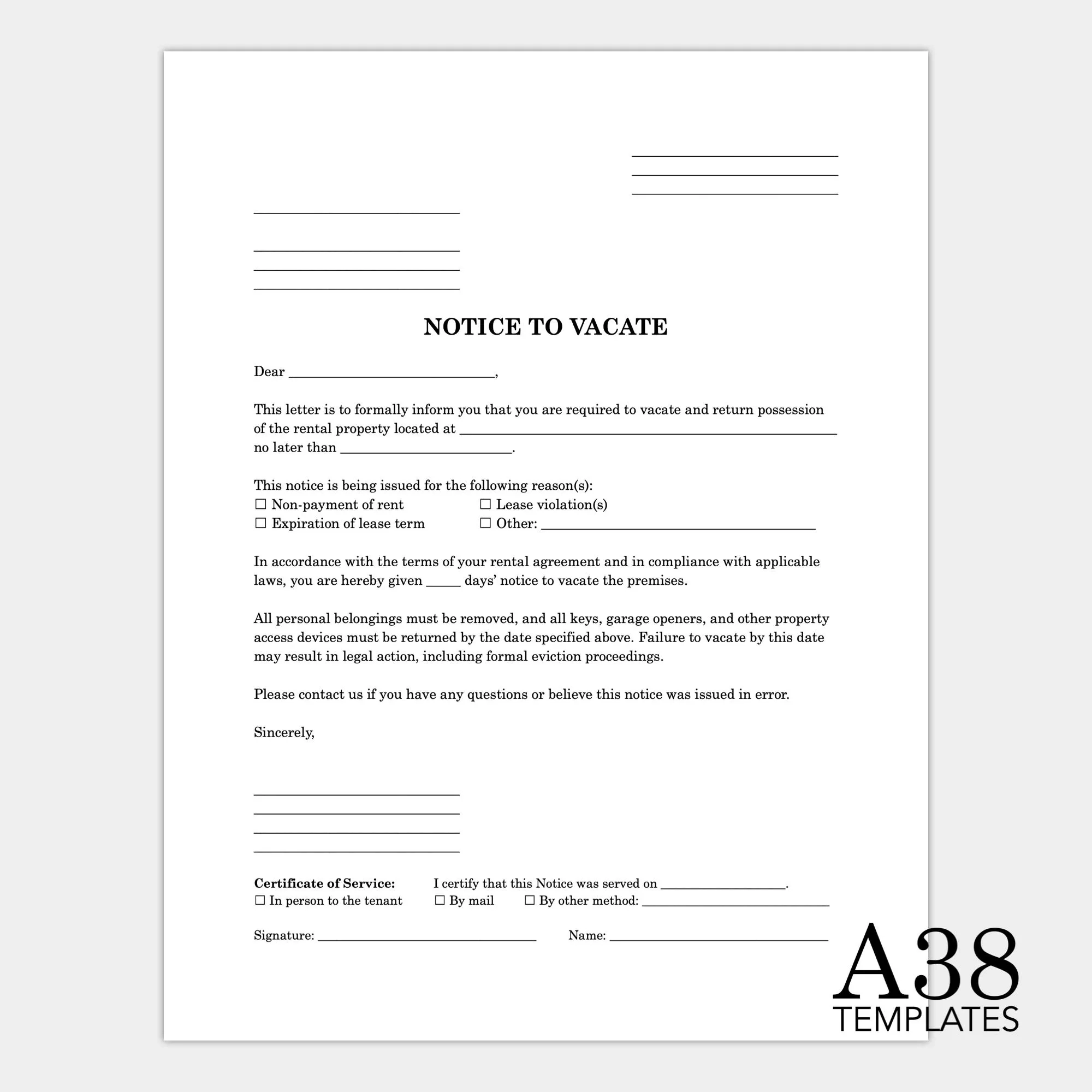 Notice To Vacate Template Tenant Eviction Landlord Form Rental Property Printable PDF Editable DOCX Etsy Israel