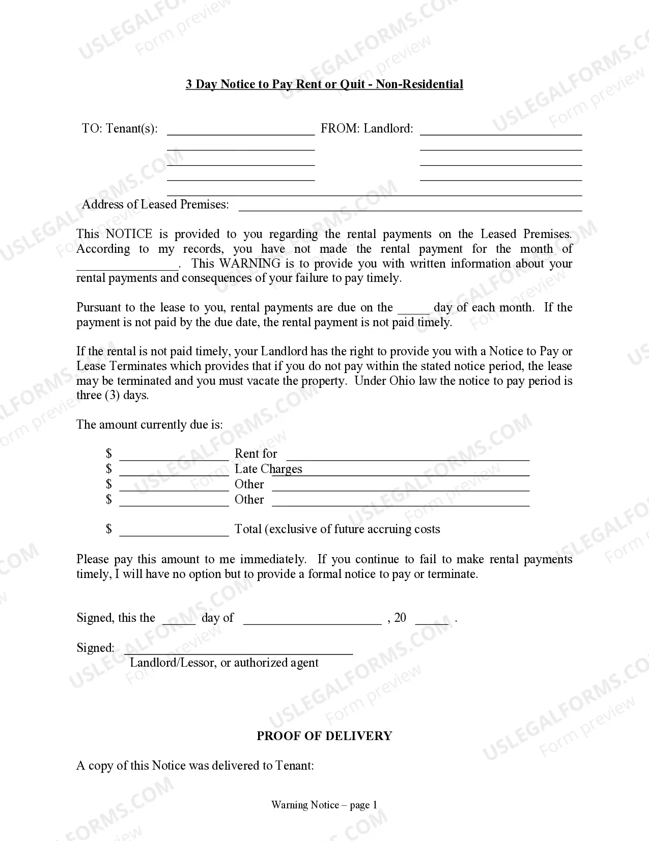 Ohio 3 Day Notice To Pay Rent Or Quit Prior To Eviction Nonresidential US Legal Forms