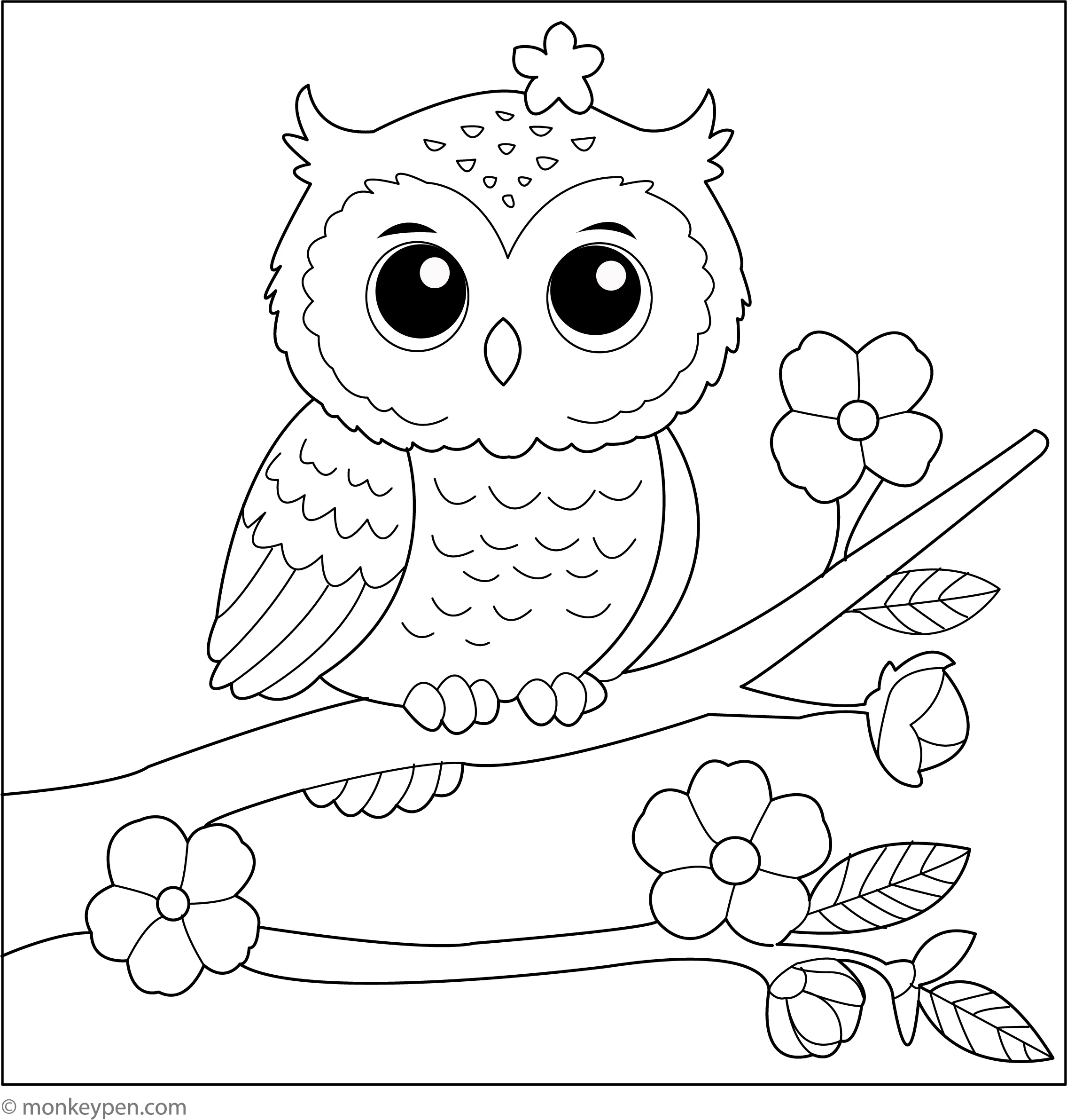 Owl In The Blossoming Tree Coloring Page