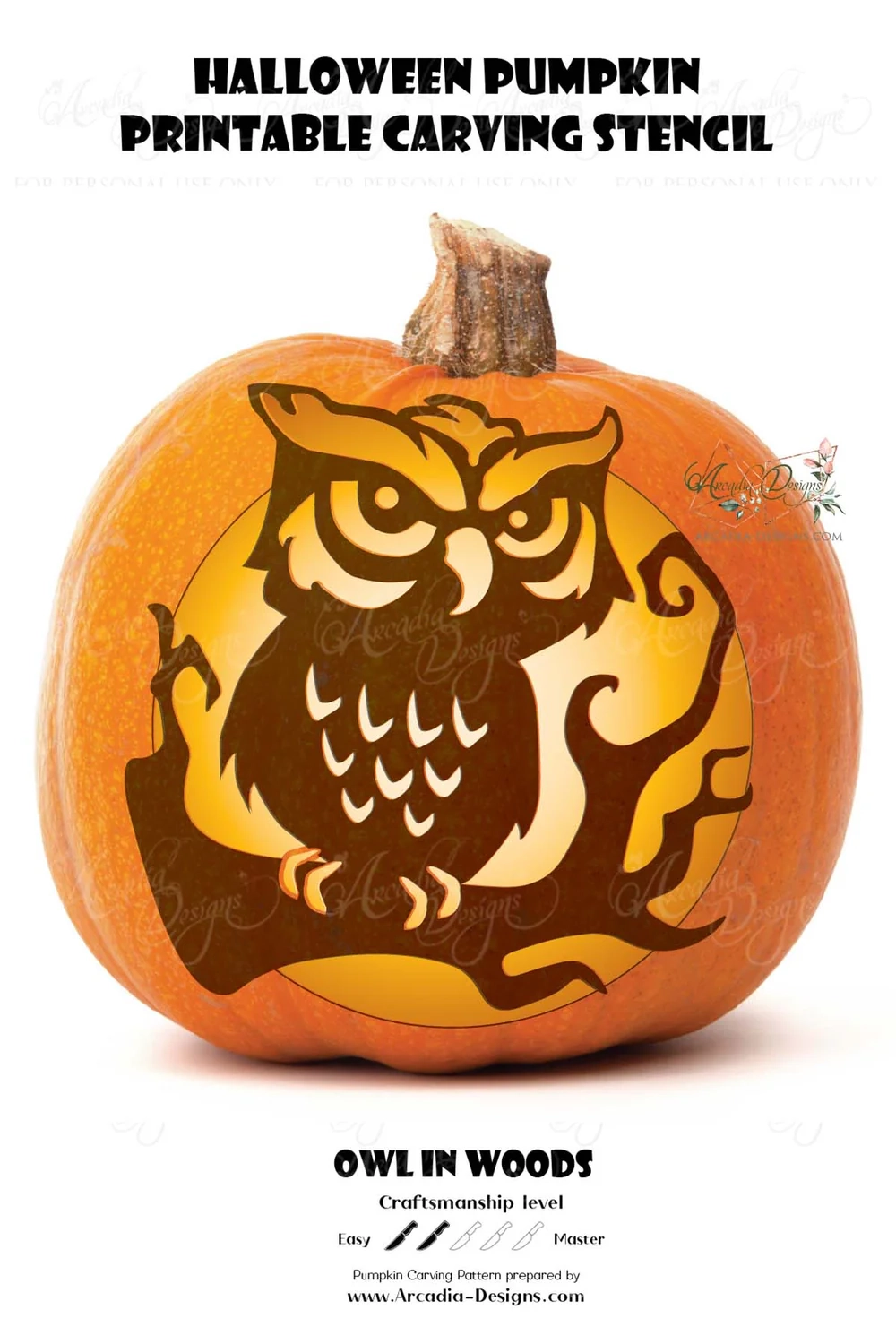 Owl In The Woods Printable Halloween Pumpkin Carving Pattern Stencil Arcadia Designs