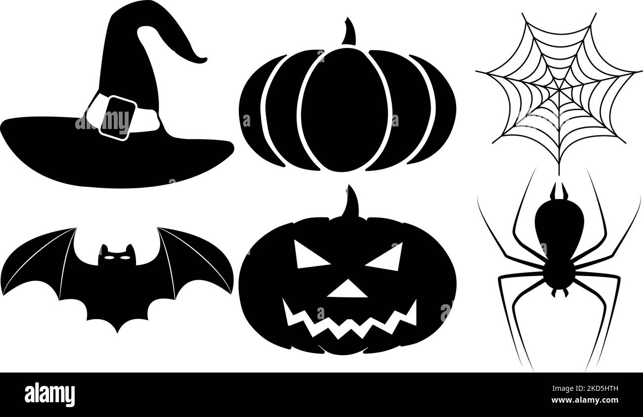 Pack Set Of Halloween Symbols Black Isolated With White Background Free Illustration For Print Illustration Halloween Silhouette Stock Vector Image Art Alamy