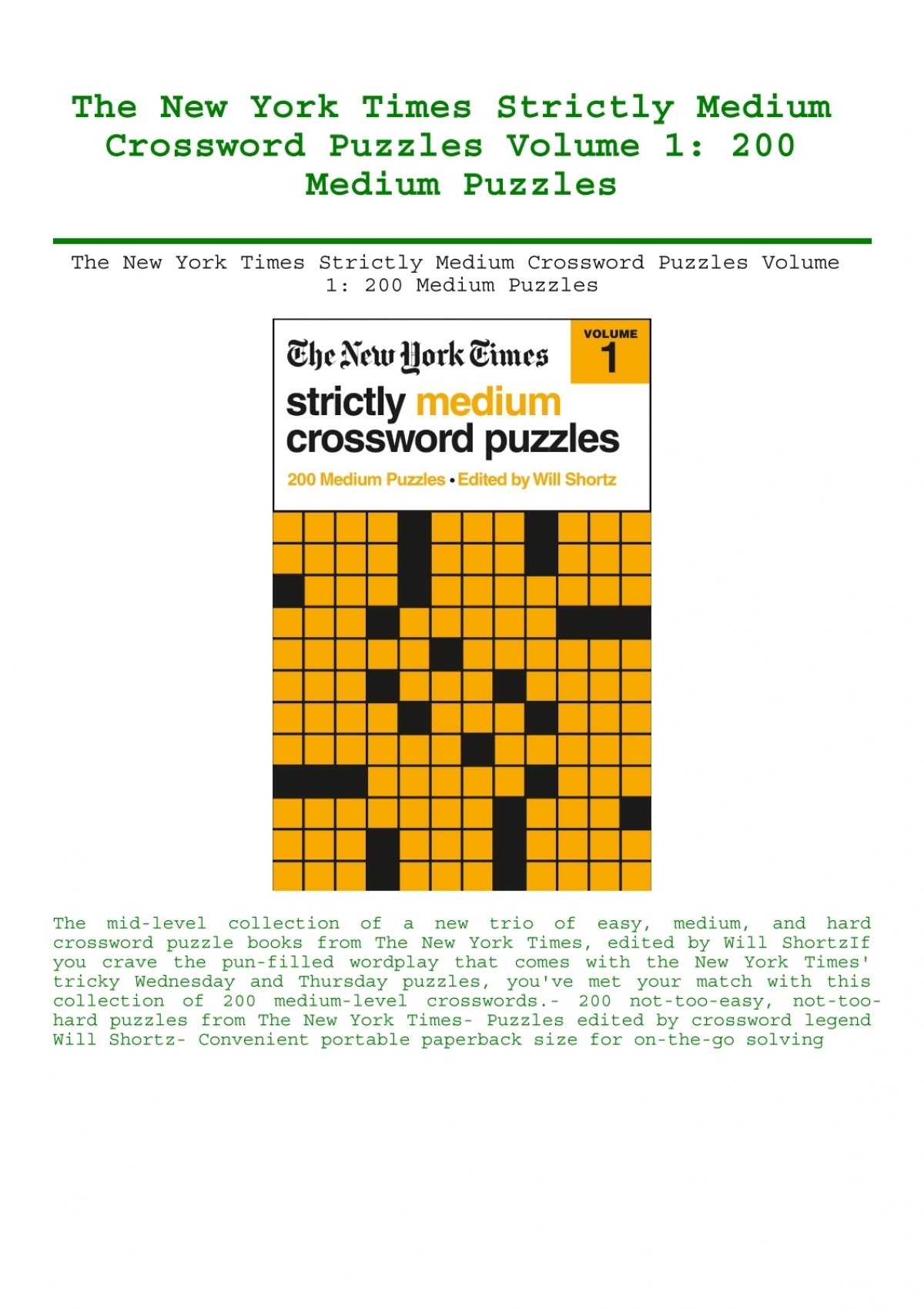 PDF READ ONLINE The New York Times Strictly Medium Crossword Puzzles Volume 1 200 Medium Puzzles 
