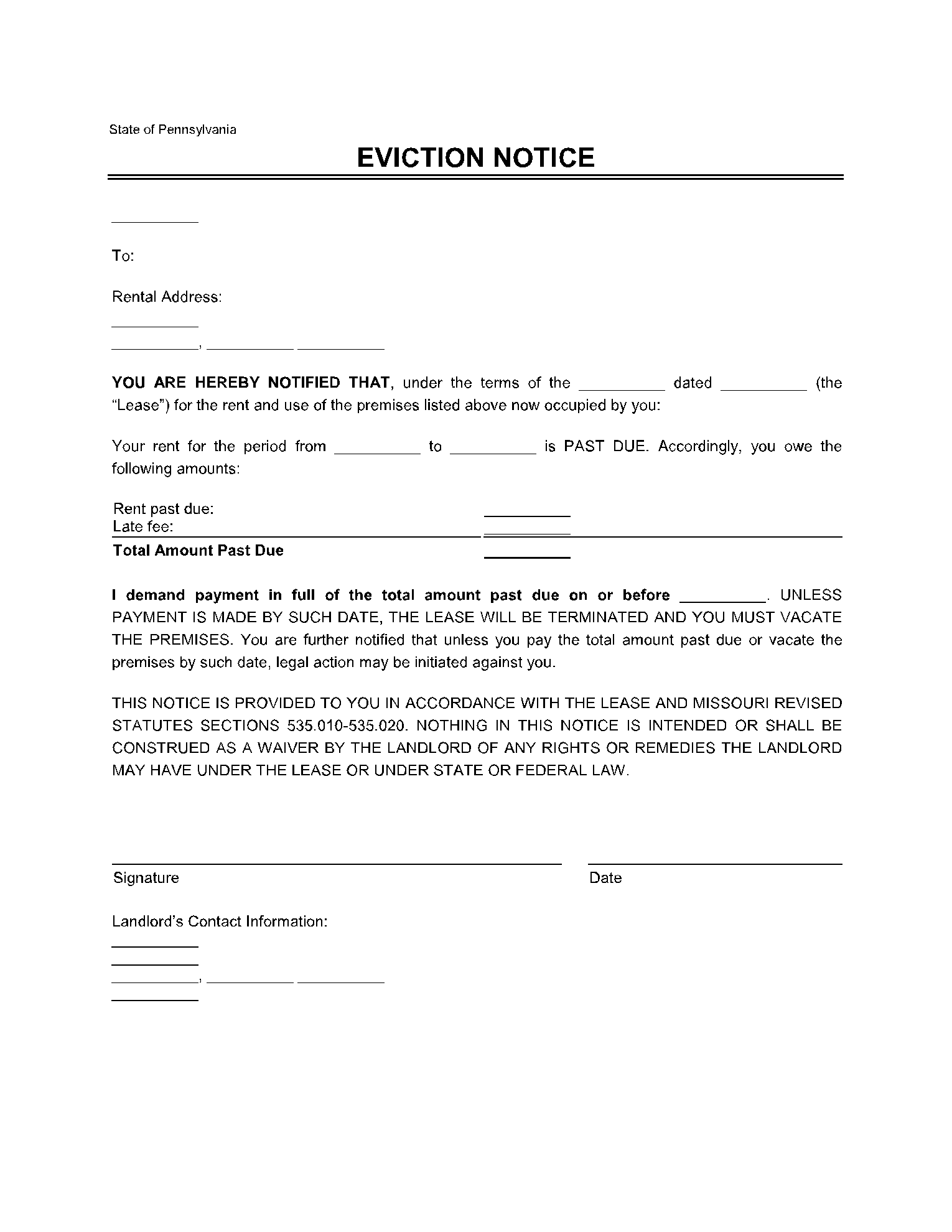 Pennsylvania Eviction Notice Form Free Template CocoSign