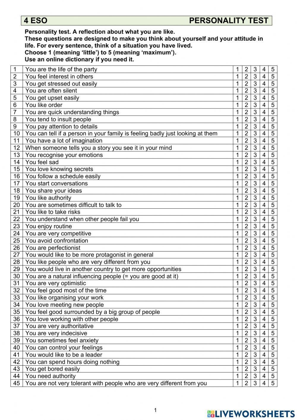 Personality Test Free Interactive Worksheets 882837