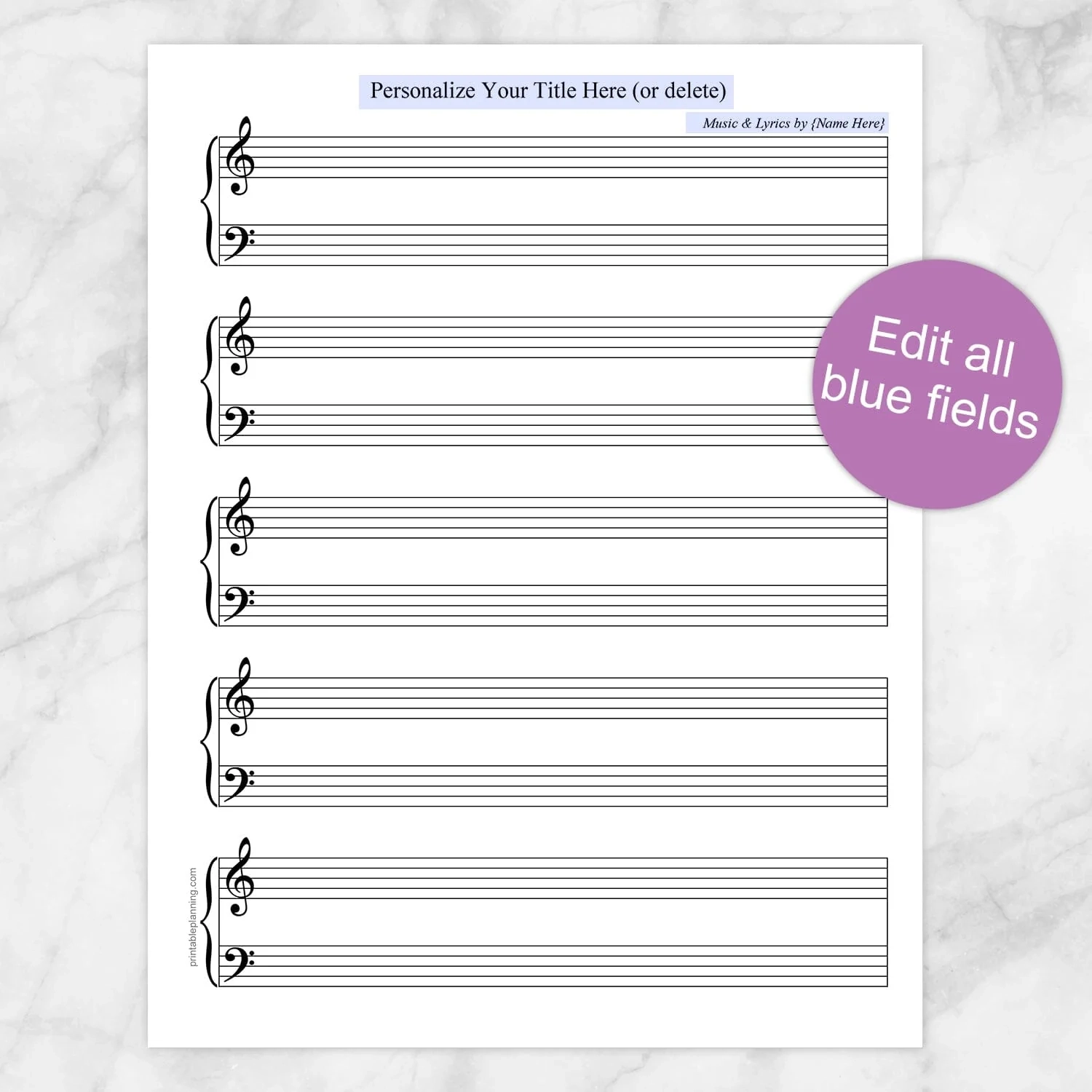 Personalized Blank Piano And Vocals Sheet Music Printable Printable Planning
