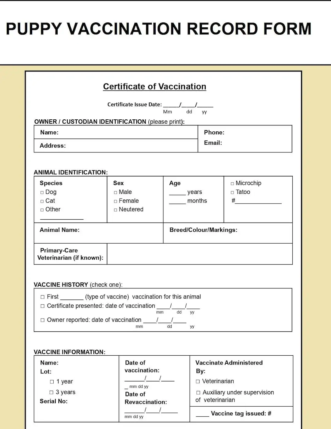 Pet Vaccination Record Template Puppy Vaccination Record Form Dog Vaccination Record PDF And Editable Word Document Instant Download Etsy