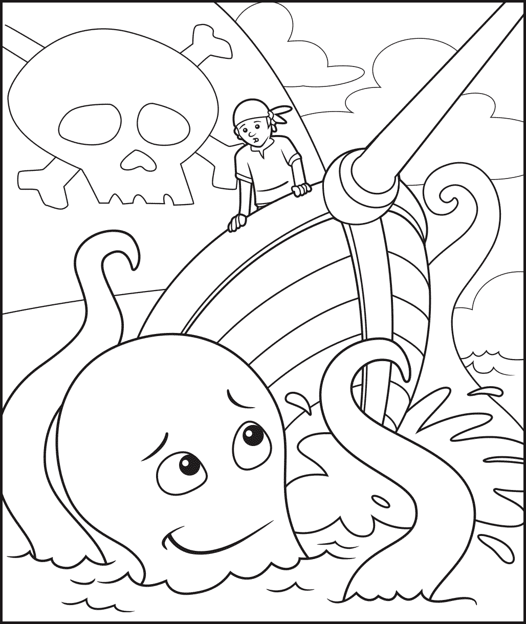 Pirate Ship And Octopus Free Coloring Page