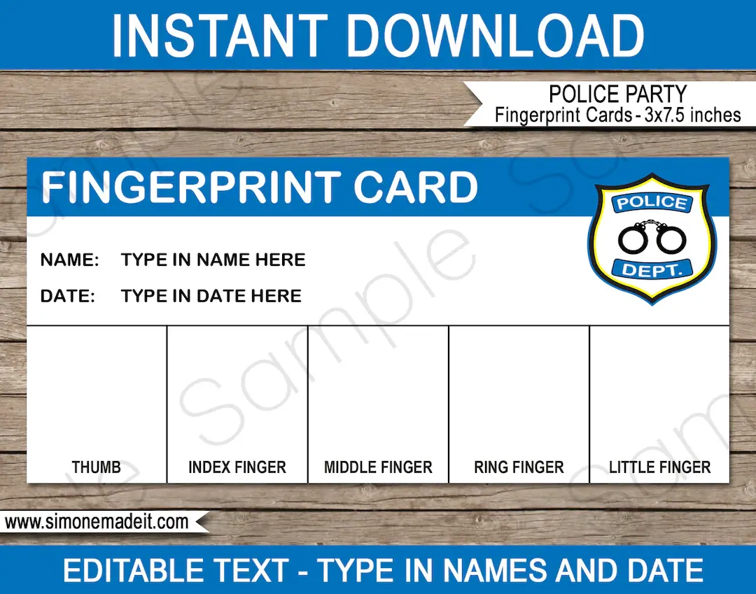 Police Fingerprint Card Template Printable Detective Theme Birthday Party Decorations INSTANT DOWNLOAD EDITABLE Text Etsy Israel