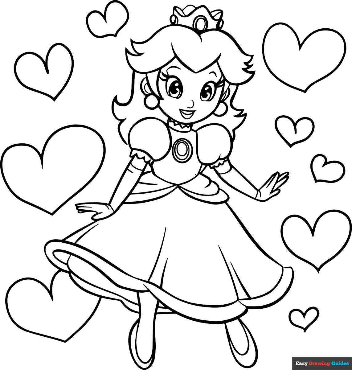 Princess Peach With Hearts Coloring Page Easy Drawing Guides Princess Peach With Hearts Coloring Page Easy Drawing Guides