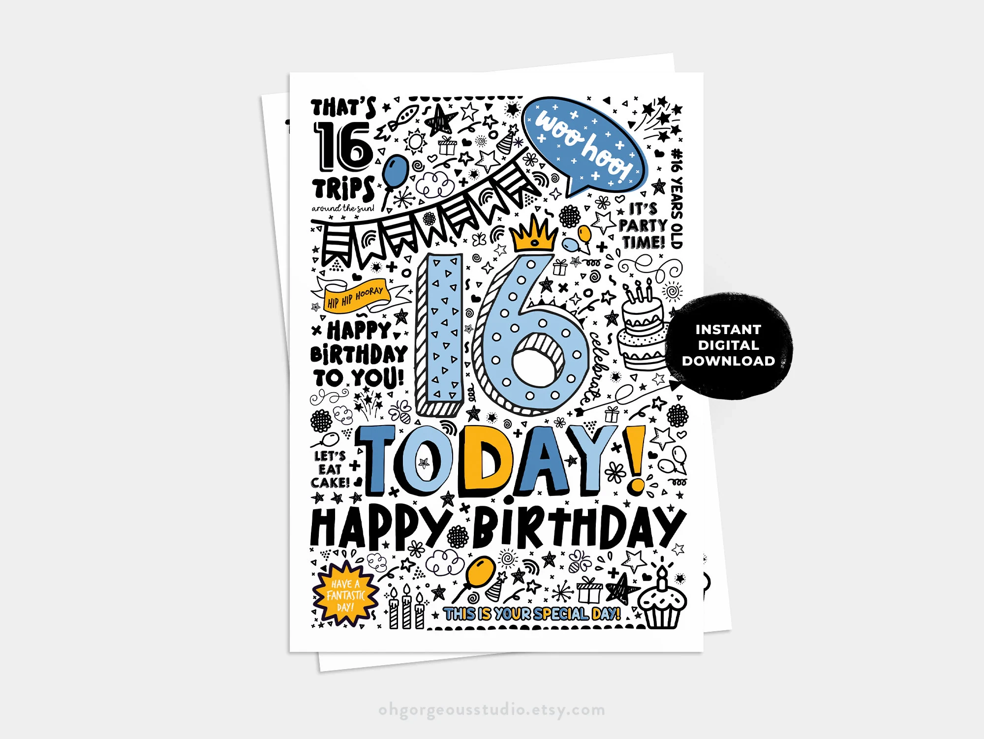 Printable 16th Birthday Card Doodle Style digital Download Etsy