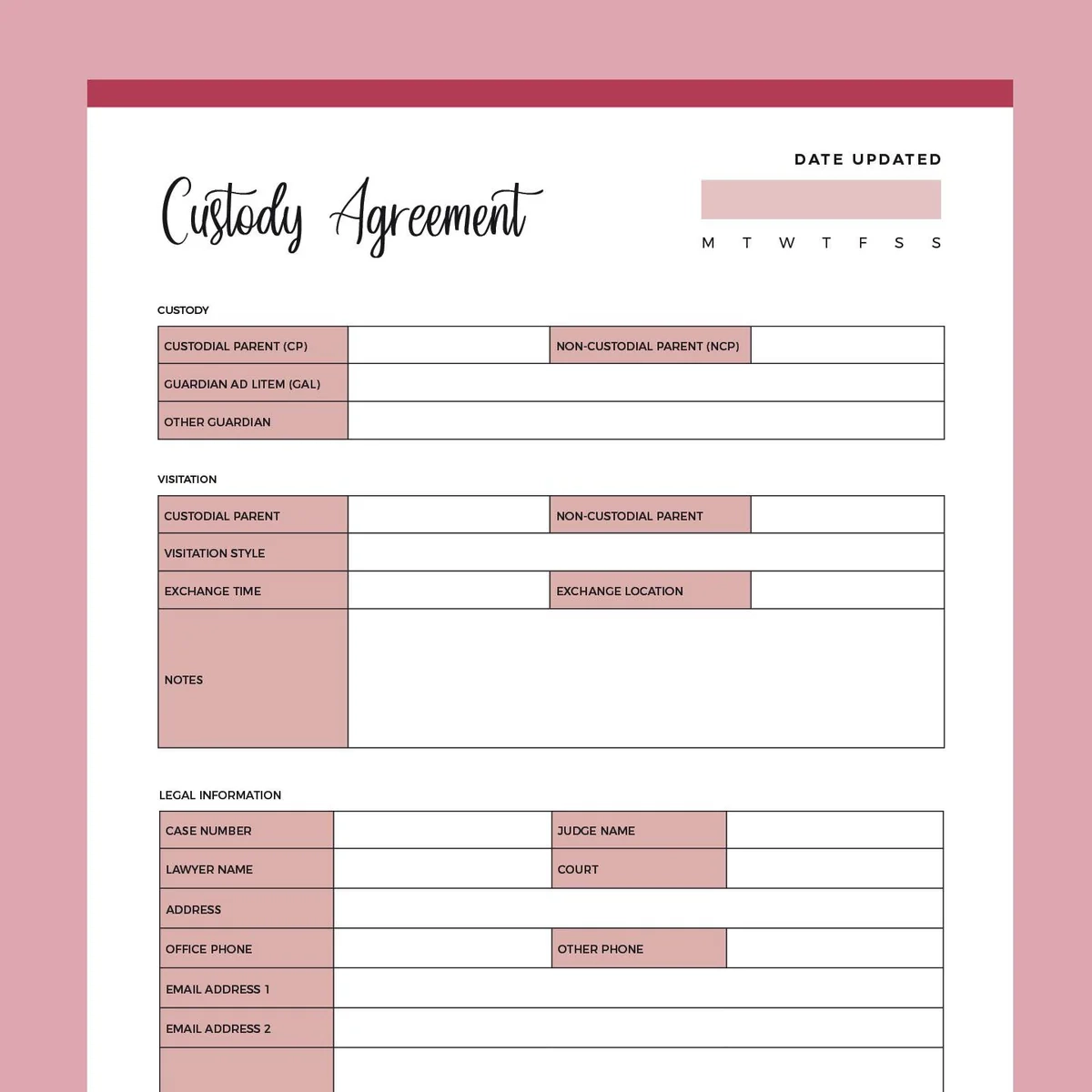 Printable Child Custody Agreement Instant Download PDF A4 Letter Plan Print Land
